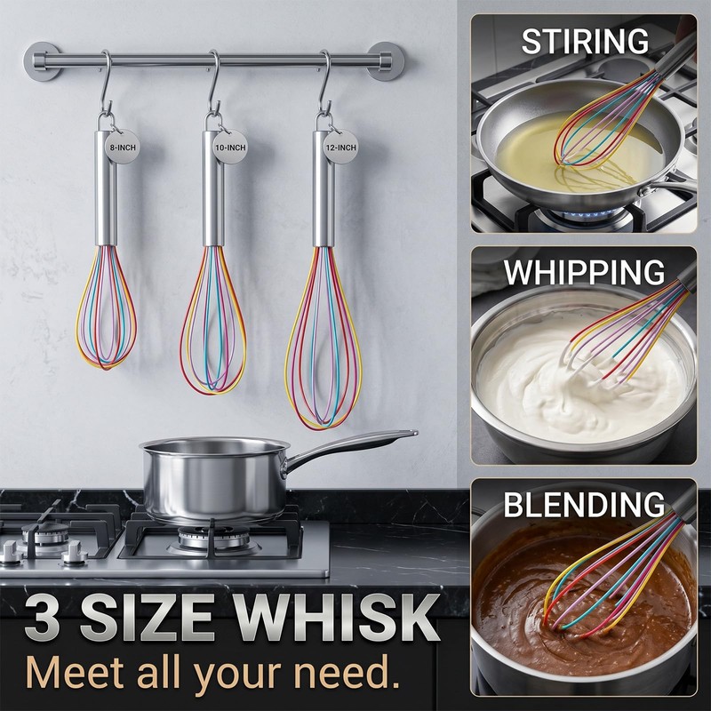 Silicone Whisk,Stainless Steel Wired Wisk Set 8" 10" 12",Heat Resistant