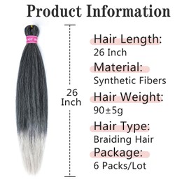 MSBELLE Braiding Hair Pre Stretched,26 Inch 6 Pack Prestretched Ombre Silver Braiding Hair Extensions for Women Synthetic Soft Yaki Texture Crochet Braids Hair Extensions (1B/Silver)