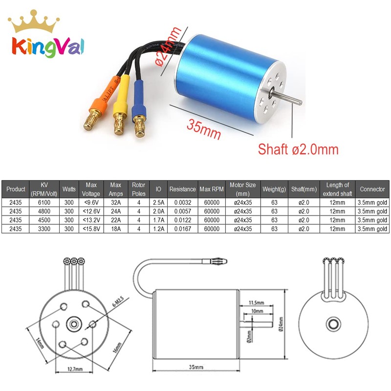KingVal Replacement 2435 4500KV Sensorless Brushless Motor Shaft 2.0mm with