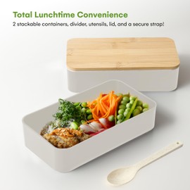 Grippi Ring Bento Box Adult Lunch Box - Silicone and Bamboo Lunch Container for Meal Prep - with 2 Stackable Food Containers, 1 Removable Divider, Eating Utensils, Strap (4"Hx7"Lx4"W, White)
