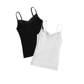 SweatyRocks Women's 2 Pack Lace Trim Tank Tops Y2K Camisole Top V Neck Cami Undershirts