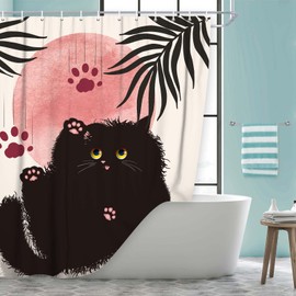 JAWO - Cortina de ducha con diseño bohemio de gato negro, hojas de salvia, color rosa, bonita cortina de baño estética minimalista, divertida cortina de baño de poliéster con 12 ganchos