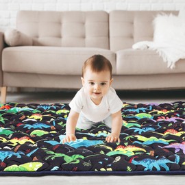 Baby Play Mat 50 x 50, Thicker Infant Crawling Mat, Non-Slip Baby Playmat for Floor, Foldable and Machine Washable Floor Mat, Black Dinosaur