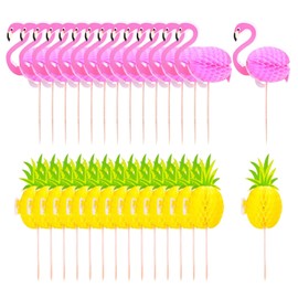 CYIOU 50 Pcs 3D Flamingo Pineapple Cocktail Stick Decorations Wooden Sticks Cupcake Toppers Sandwich & Foil Drink Accessories for Bars Weddings Birthday Hawaiian Luau Party Supplies