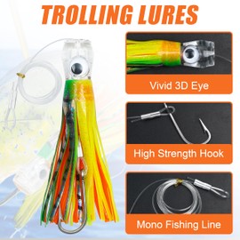 Trolling Lures Saltwater,6 Inch Offshore Big Game Trolling Lures Skirted Deep Sea Fishing Lures Set for Mahi Tuna Marlin Wahoo Rigged with Leader Squid Skirts Hook