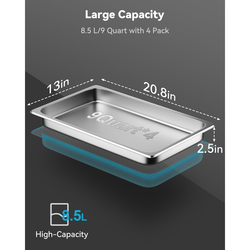 ZeroPone 4 Pack Full Size Hotel Pans with Lids, 2.5"