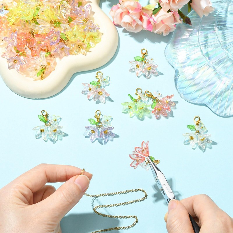 DanLingJewelry 60Pcs Colorful Acrylic Flower Leaf Pendants Delicate Lily Floral