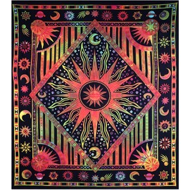 AVA Collections Queen Size Tapestry Wall Hanging Burning Hippie Sun and Moon Meditation Bohemian Hippie Psychedelic Design Indian Tapestries Bedspread (Size 90x84 inches) (Queen- Burning sun/Multi)