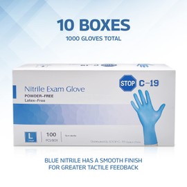 Stop C 19 Nitrile Exam Gloves, Powder and Latex Free, Single Use, Non-Sterile, Multi-Purpose Protective Gloves - Large, 1000 Count (10 boxes of 100