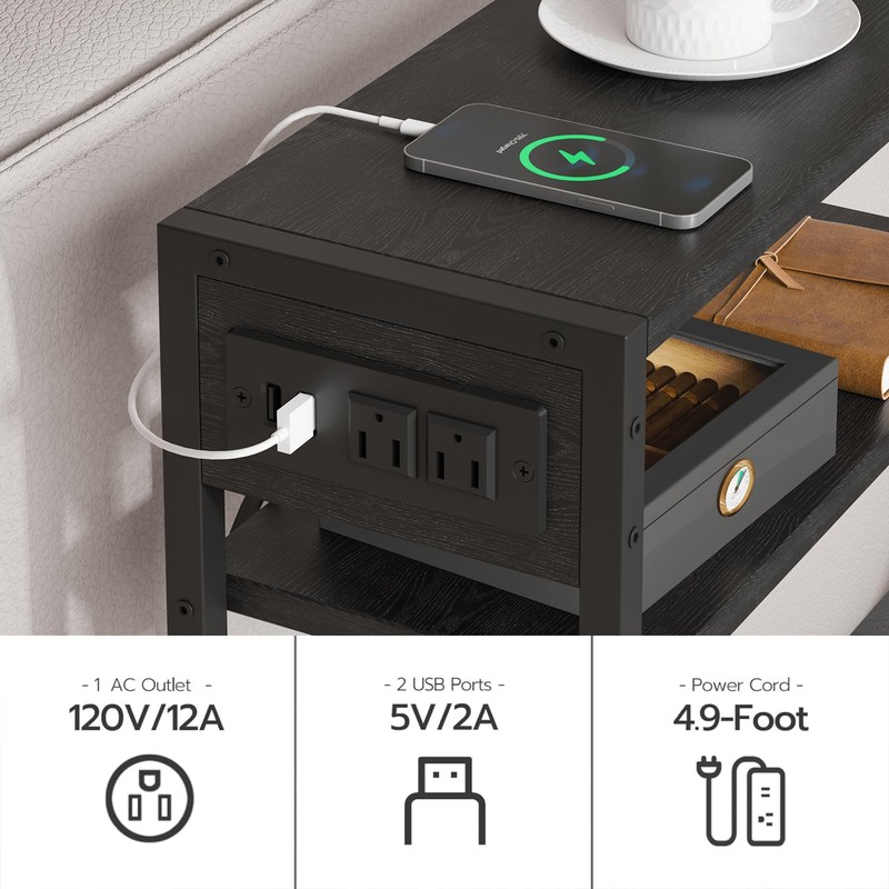 Narrow Side Table with Charging Station, Slim End Tables with