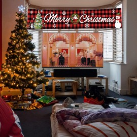 Large Merry Christmas Banner, Red Buffalo Plaid Xmas Sign with Snowman Xmas Tree Pattern for Christmas Party, Outdoor Indoor Decoration, 9.8 x 1.6 Feet