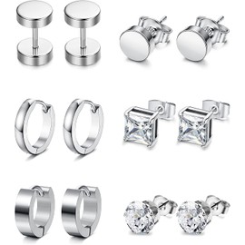 Diamday 6 Pairs Stainless Steel Stud Earrings Black Men Women Punk Earrings Round Stud Earrings Fake Plugs Earrings Hoop Earrings Hoop Earrings Tunnel Earrings Cartilage Screw Stud Hoop Earrings