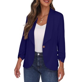 PrinStory Blazer for Women 3/4 Ruffled Sleeve Blazer Business Office Blazer Suit Sporty Jack Trench Coat, navy