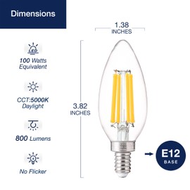 FLSNT 100W Equivalent Candelabra LED Bulbs 5000K Daylight, Dimmable LED Chandelier Light Bulbs for Dining Room, Living Room, Porch, 800LM, E12 Base, 6 Pack