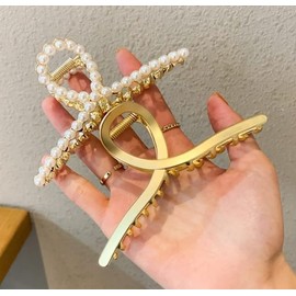 2 Pack Matte Gold and Pearl Hair Claws for Women Large Metal Clips with Pearls for Thick Hair - Non-Slip Crab Claws and Strong Cross Barrettes Hair Accessories, Hair Care