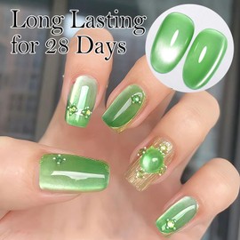 YEPYEPGO Jelly Glass Cat Eye Gel Nail Polish, Moonlight Ceramic Cats Gel Polish with Magnet Stick, Magnetic Cat Eyes Gel Crystal Sock Off Nail Art DIY at Home- Jelly Green
