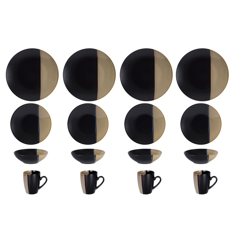 Home VSS, Stoneware Dinner Set Reactive Glaze (16pc Set, Black
