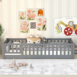 Bellemave Twin Size Floor Bed with Door and Fence for Kids, Montessori Floor Bed with Slats and Safety Guardrails,Solid Wood Twin Bed Frame for Girls Boys(Twin,Gray)