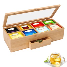 Tea Bag Organizer, Tea Box Organizer Storage Box Tea Bag Holder with Drawer & Acrylic Window 8 Compartment Tea Storage Chest Container for Spice Pouches and Sugar Packets