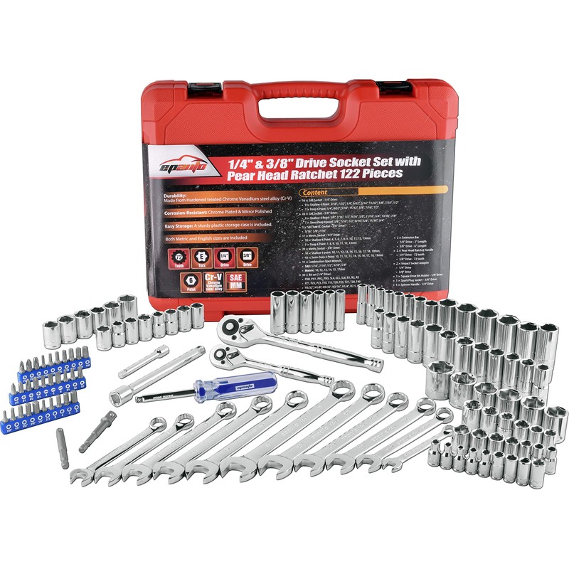 EPAuto Mechanics Tool Set Drive Socket Wrench Ratchets, SAE/Metric, 122-Piece