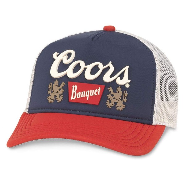 AMERICAN NEEDLE Coors Banquet Beer Baseball Hat, Structured Fit with Mesh Sides and Curved Brim, Adjustable Snapback Trucker Dad Cap, Riptide Valin Collection, Ivory/Navy/Red (MILLER-1901B)