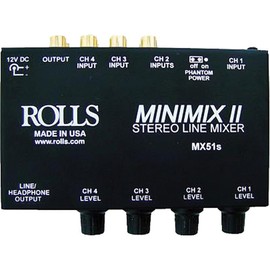 Rolls Mini-Mix 2x 4-Channel Mixer with Individual Volume Controls and Headphone/Line Output - with H&A 2 RCA Male-2 RCA Male Stereo Audio Cable 3', 2 RCA Male-2 RCA Male Stereo Audio Cable 10'