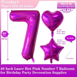 Laser Hot Pink Number 7 Balloons, 40 Inch Giant Pink Number Balloons Nylon Helium Hot Pink Number 7 Balloons for 7th Birthday Party Supplies Anniversary Event Celebration Decorations