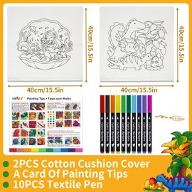 SNEILJOY Throw Pillow Covers for Kids Painting Set, Arts and Crafts for Kids Ages 6-12, 2 PCS Cushion Cover (15.5×15.5 in) with 10 Fabric Markers, Art Supplies, Party Favors for Kids 8-12.