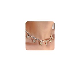 YERTTER Dainty Full Butterfly Pendant Rhinestone Tennis Chain l Rhinestone Collar Statement Clavicle Choker Necklace Adjustable for Wedding Party Music Bar Women