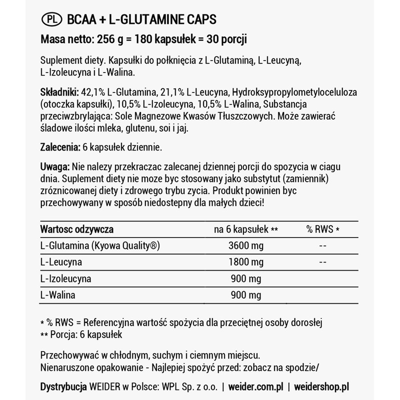 Weider BCAA + Glutamine, Recovery, Strength, Endurance, 180 Capsules