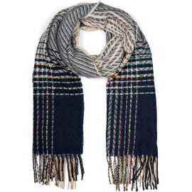 styleBREAKER 01017149 Women's Fine Knit Scarf with Colourful Striped Zigzag Pattern and Fringes, Warm Winter Stole Multi-Coloured, Beige-Dark Blue