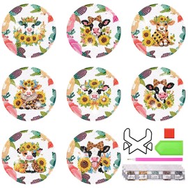 UMOART 8 Pcs Cow Diamond Painting Coasters with Holder, DIY Coasters Cow with Sunflowers Diamond Painting Coaster Kits for Adults Beginners, Diamond Art Coasters for Adults Coffe Coasters