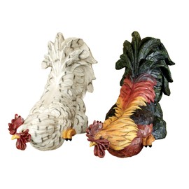 Touch of Class Content Rooster Shelf Sitter Set of Two - Resin - Green, Orange, Yellow, White, Black - Decorative Chanticleer Sculptures for Kitchen, Dining Room, Sideboard