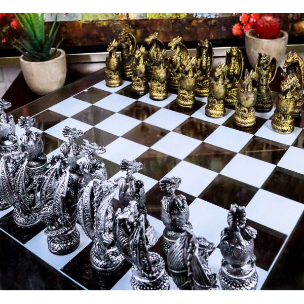 Mythical Fantasy Dragon Dungeon Kingdoms Resin Chess Pieces With Glass