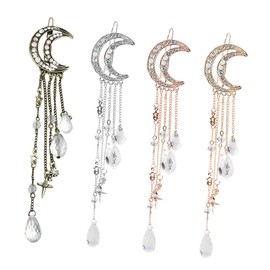 Vaguelly 4Pcs Vintage Chinese Moon Shape Hair Clips Rhinestone Beads and Tassels for Women Dangle Drop Hairpins Retro Style Hair Accessories for Girls