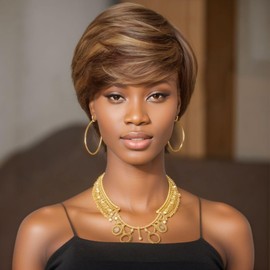 Mysyty Highlight Short Bob Wig Human Hair Pixie Cut wigs for Women Short Layered None Lace Front Wigs Full Machine Made Wig (pixie cut wig, Highlight)