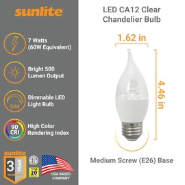 Sunlite LED CA12 Clear Chandelier Light Bulb, 7 Watts (60W Equivalent), 500 Lumens, Dimmable, Medium E26 Base, Title-20 Compliant, 90 CRI, ETL Listed, 2700K Soft White, 6 Pack
