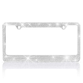 Stainless Steel Silver Sparkly Sparkling Diamond Crystal Bling Premium License Plate Frame Stainless Steel Metal Silver Rhinestone for Women Universal Size for Car Truck SUV (Pack of 2)