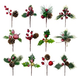 12 Pcs Artificial Christmas Pine Picks Christmas Picks Decorations Christmas Pine Cones Red Berry Artificial Pine Cones Berry Stems Decor Bouquets for Christmas Crafts Holiday Decorations
