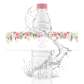 URROMA 50Pcs Water Bottle Labels,Hot Stamping Pink Flowers Water Bottle Stickers Waterproof Drinks Bottle Wrappers for Wedding Birthday Baby Shower