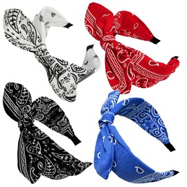 Bandana Headband for Women Paisley Knotted Bow Headband Rabbit ear Hairband Cute Knot Hair Accessories (Style 5: (White, red, blue, black))