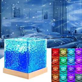 Northern Lights Lamp, Cube Ocean Water Ripple Projector, 16 Colors Rotating Flame Lamp Dynamic Ripple Effect for Bedroom, Office, Bar, and Restaurant Decor (Square)