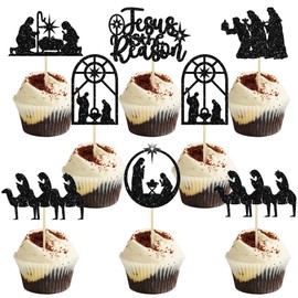 24 piezas de adornos para cupcakes de Navidad de Jesús con purpurina, religión, belén de Navidad, decoraciones para tartas de cumpleaños de Jesús para decoraciones de fiesta de Navidad, color negro