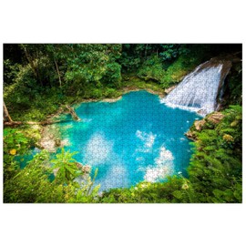 Jigsaw Puzzles 1000 Pieces for Adults Jamaica Famous Blue Hole Waterfall in Ocho Rios Wooden Perfect Interlocking Clear Printing