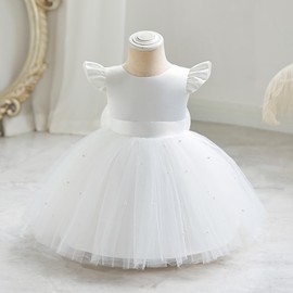 Infant Baby Girls Wedding Flower Girl Dress Ruffle Sleeve Satin Pearls Tulle Tutu Dress Bowknot V Back Pageant Party Birthday Formal Dress Baby Girl Christening Baptism Dresses White 18-24 Months