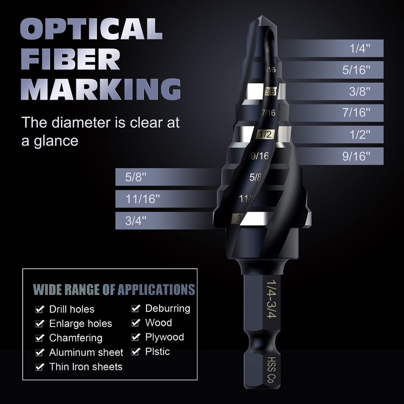 M35 Cobalt Four Spiral Flute Step Drill Bits,1/4”-3/4"(9 Step Size)