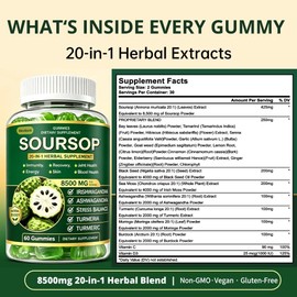 Govixed Soursop Gummies, 8500mg 20-in-1 Herbal Extracts for Overall Health-Enhancing, Support Digestive Sleep Skin Health, Immunity & Antioxidant, Non-GMO, 60 Gummies