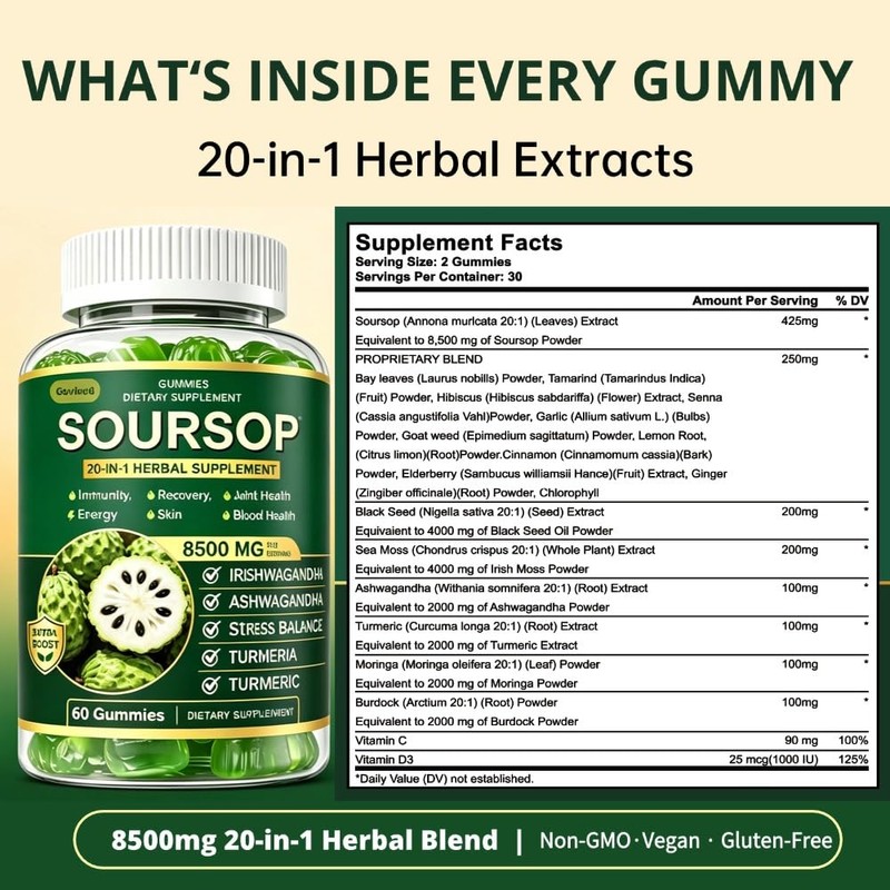 Govixed Soursop Gummies, 8500mg 20-in-1 Herbal Extracts for Overall Health-Enhancing,