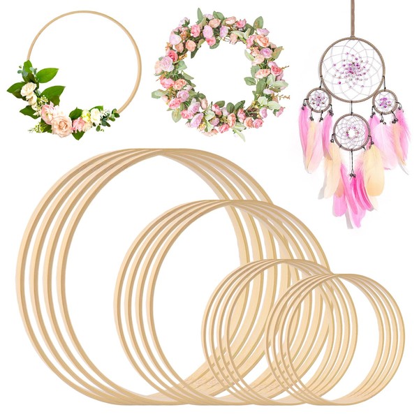 EclipseGuard Pack of 16 Wooden Rings for Crafts, 20 cm/15 cm/10 cm/8 cm, Dream Catcher, Wooden Rings, Macrame, Macrame Rings, Wooden Rings, Dream Catcher for Crafts, Wedding Wreath Decoration and DIY