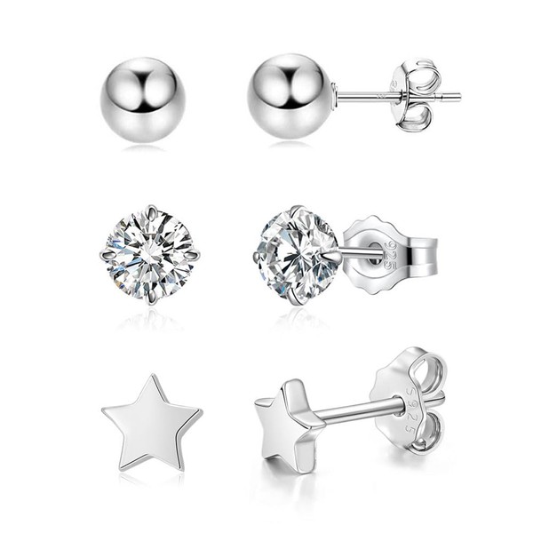 Deyanse Small Silver Stud Earrings, 3 Pairs 925 Sterling Silver